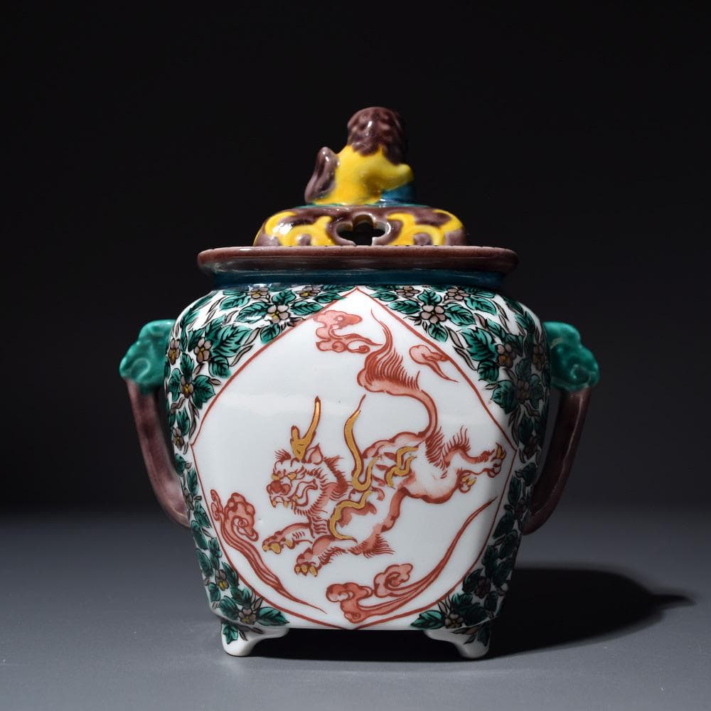 九谷焼 香炉 覚山 獅子摘 青手 鳳凰 獅子 香道具 茶道具 仏具