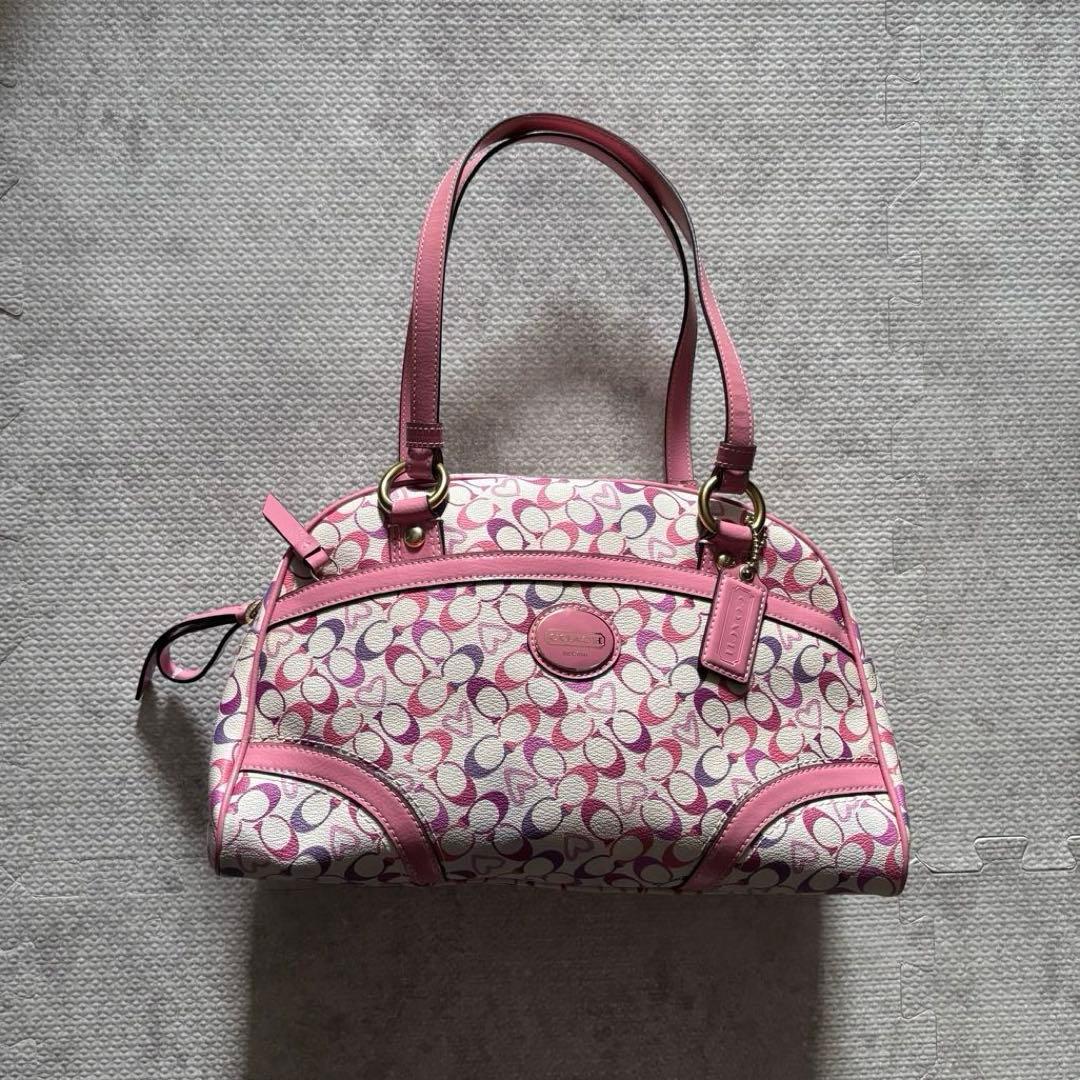美品　COACH　コーチ　シグネチャー　Y2K ミニボストン　ピンク　ハート