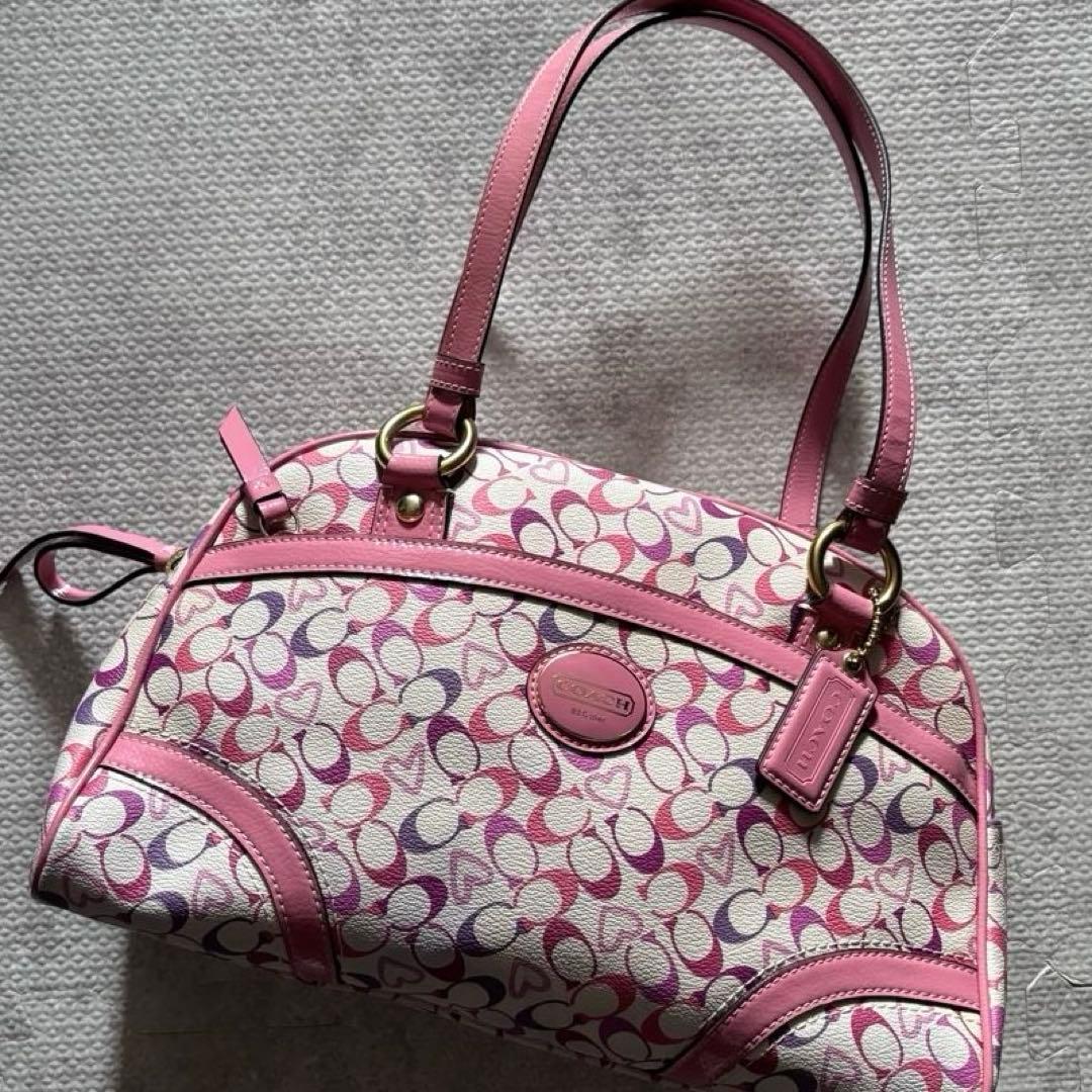 美品　COACH　コーチ　シグネチャー　Y2K ミニボストン　ピンク　ハート