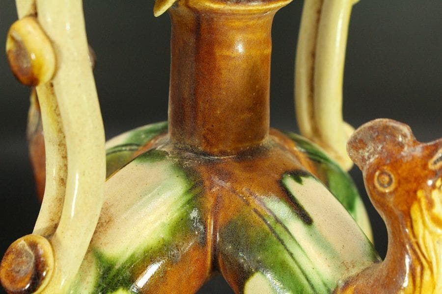 中国美術 唐三彩 双龍耳 鶏頭 瓶 高30cm 希少(LC242)