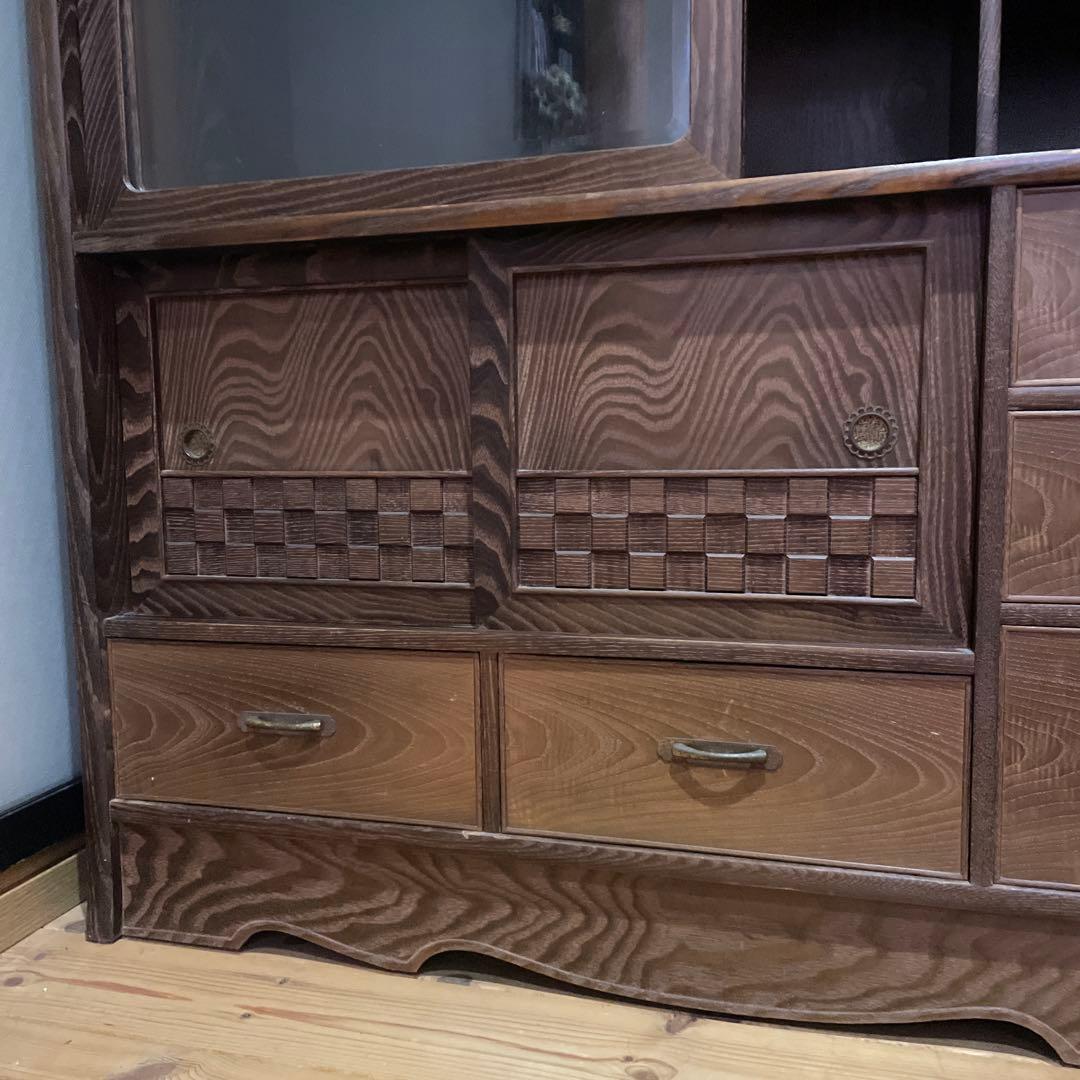 茶箪笥　桑材　木製ガラス扉付き和風収納棚　高さ120cm 食器棚