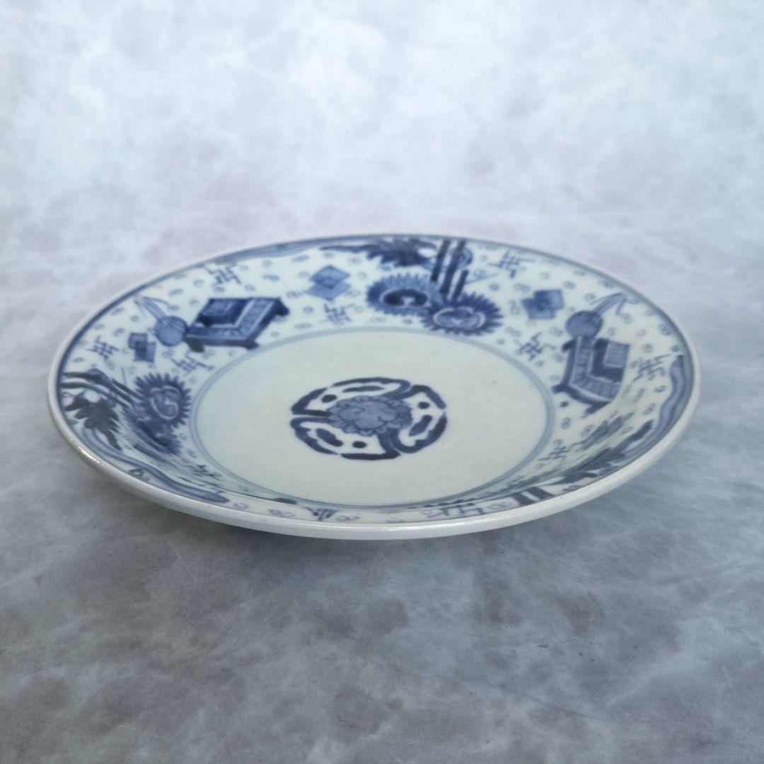 古伊万里　染付　五寸皿　江戸時代　骨董　アンティーク　碁盤　宝尽くし　金継ぎ