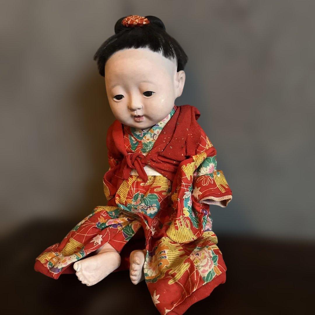 瞬間的お値下げ‼️ヴィンテージ　市松人形 赤と緑の花柄着物　幼子　かわいいあんよ