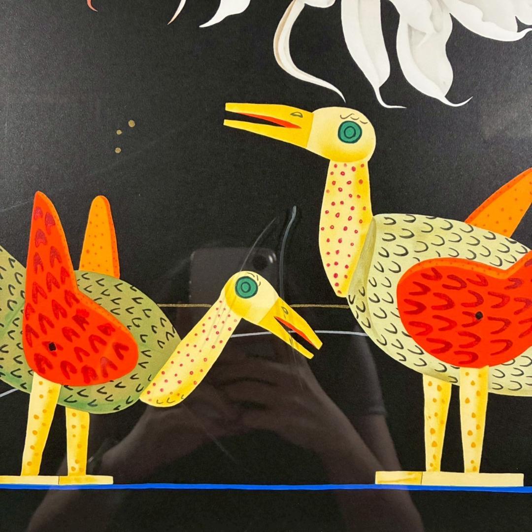 中島千波「月下の夜」リトグラフ 直筆サイン・落款有 額縁入り 日本画家