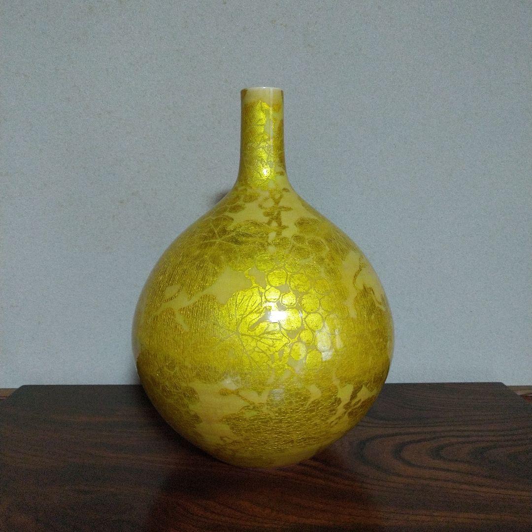 小野珀子　高さ約32cm　美術館級　釉裏金彩花壷 (葡萄図絵柄大花瓶)　桐共箱