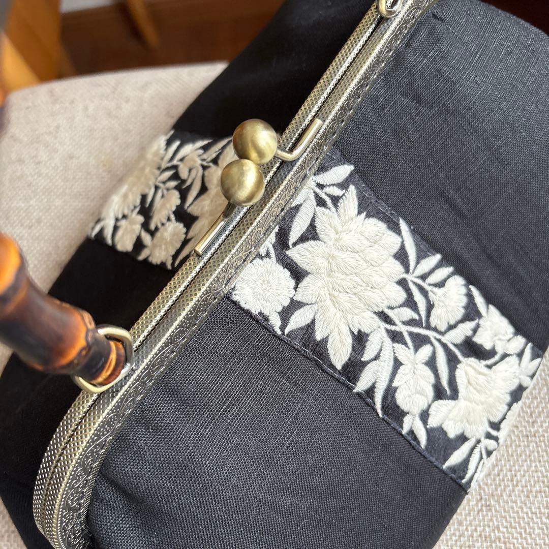 ❤️着物お出かけバンブーbag 気品溢れる大人Black 豪華刺繍上質リネン仕様