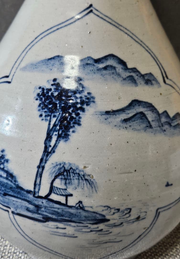 李朝　青華　染付　楼閣山水人物図　大瓶 大壺　高 約37.2cm　韓国古美術