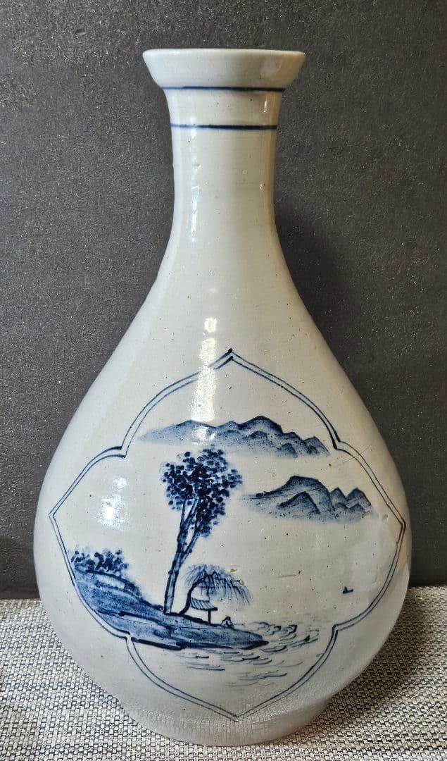 李朝　青華　染付　楼閣山水人物図　大瓶 大壺　高 約37.2cm　韓国古美術