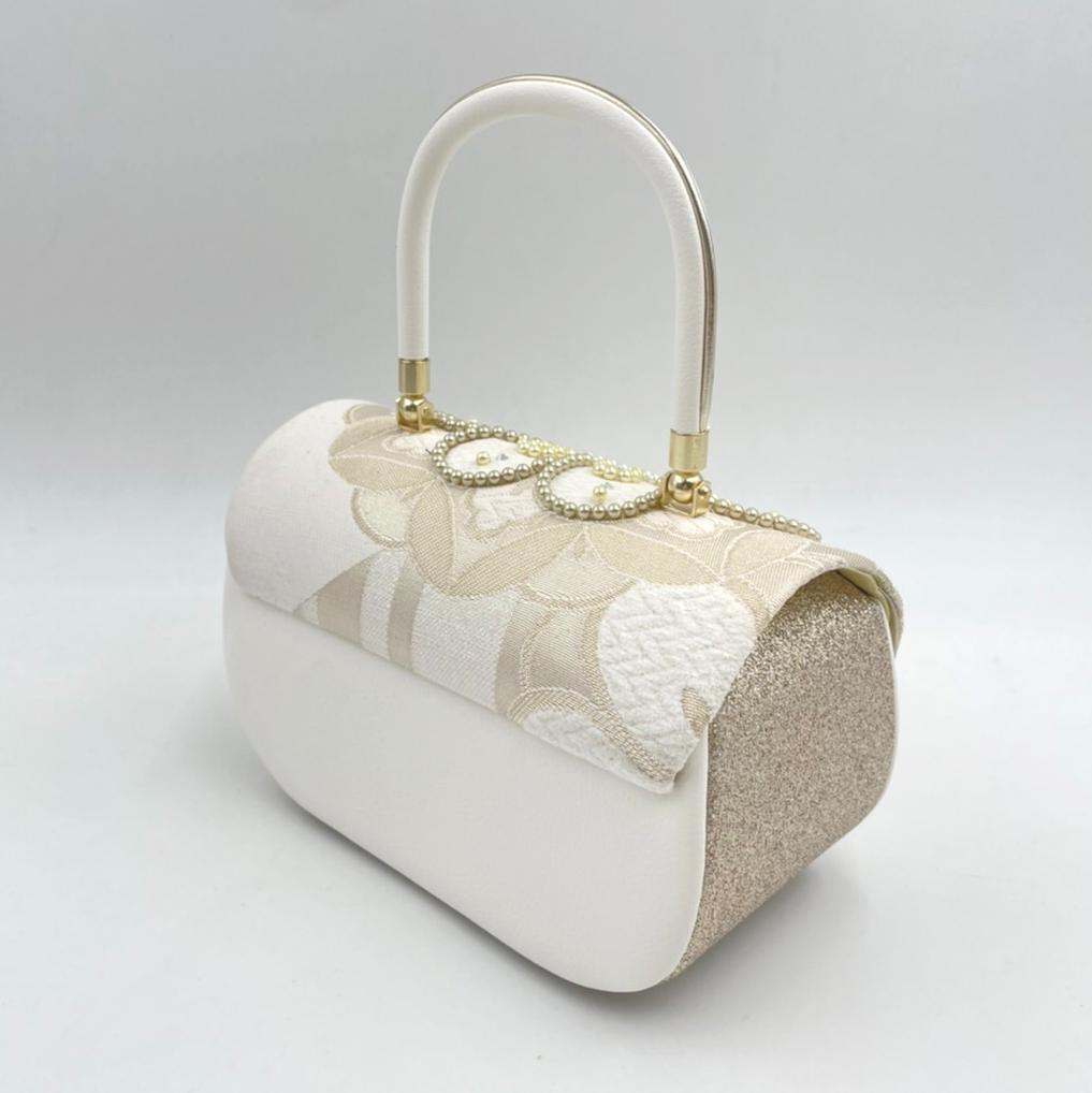 豪華ビーズパール刺繍 西陣帯地　振袖バッグ草履セット 　アイボリー