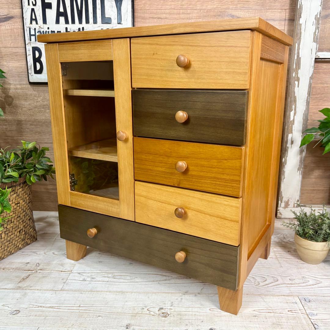 訳あり品【134】ナチュラルウッド桐材天然無垢ガラスキャビネット収納家具チェスト