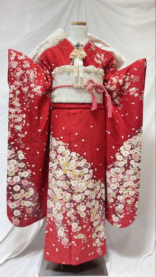 桜柄 赤 振袖 正絹　振袖フルセット　成人式　　振袖7点セット