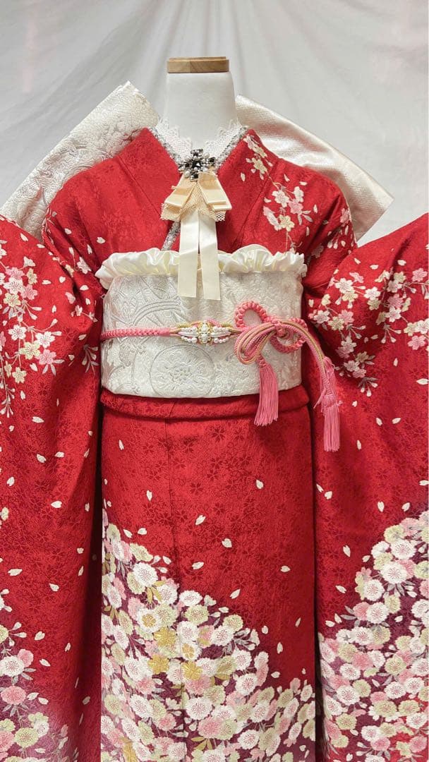 桜柄 赤 振袖 正絹　振袖フルセット　成人式　　振袖7点セット
