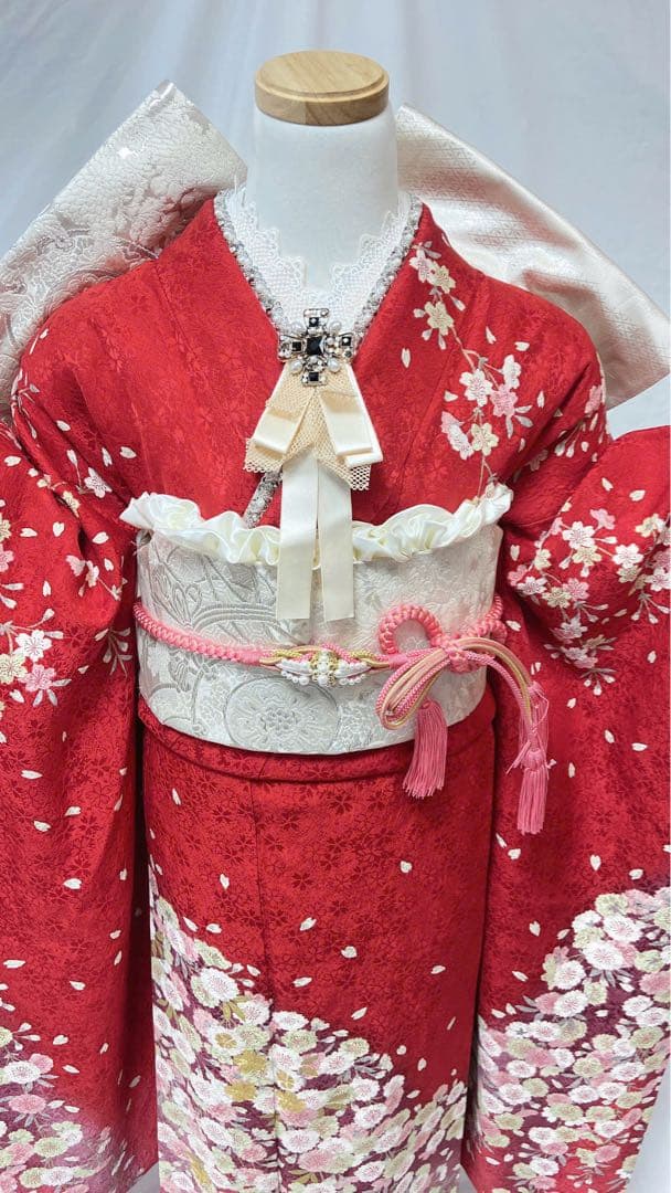 桜柄 赤 振袖 正絹　振袖フルセット　成人式　　振袖7点セット