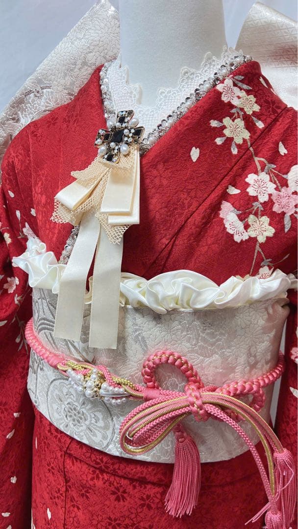 桜柄 赤 振袖 正絹　振袖フルセット　成人式　　振袖7点セット