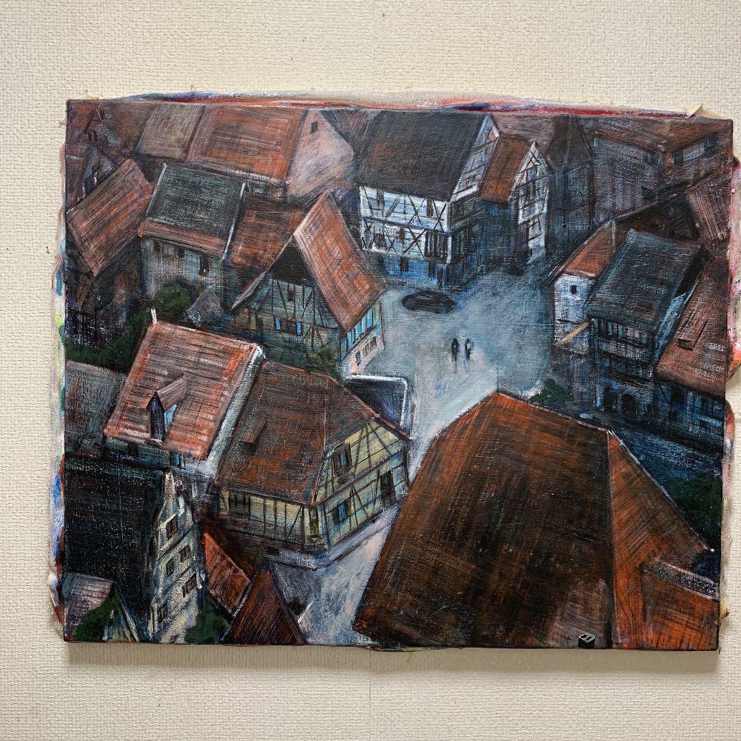 油絵。「フランス、アルザス」高級額入り。