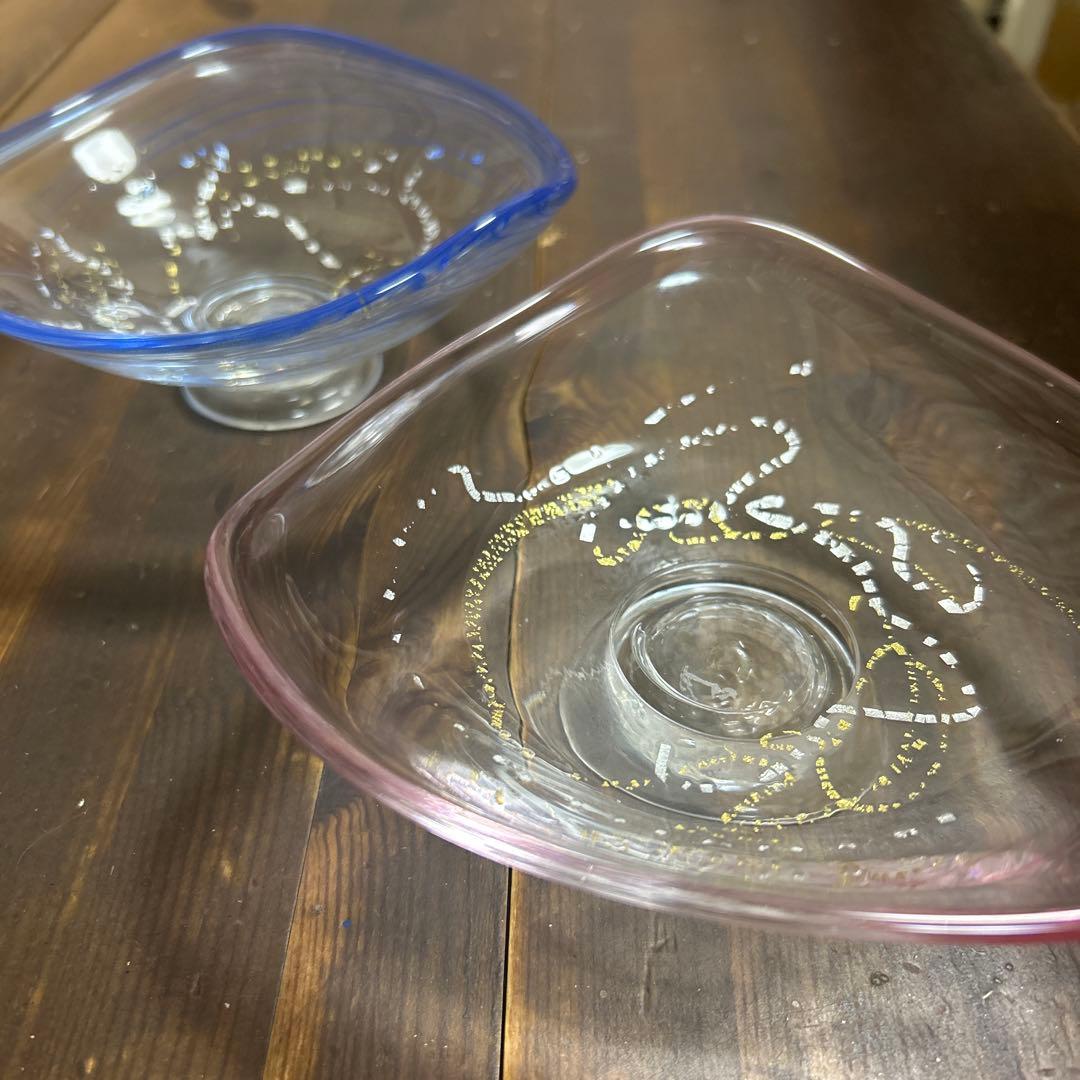 作家　ガラス作家　脚付皿　金彩銀彩　吹きガラス　刻印あり　作家物