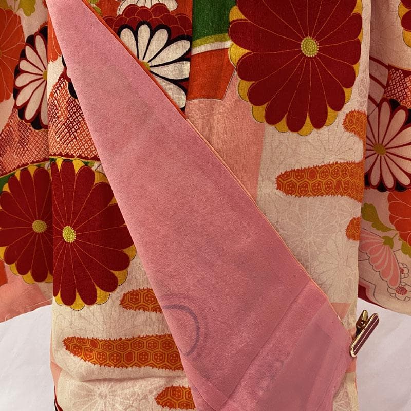 504ag45◎七五三 七歳 女児 アンティーク 総柄 扇梅菊 着物&丸帯◎