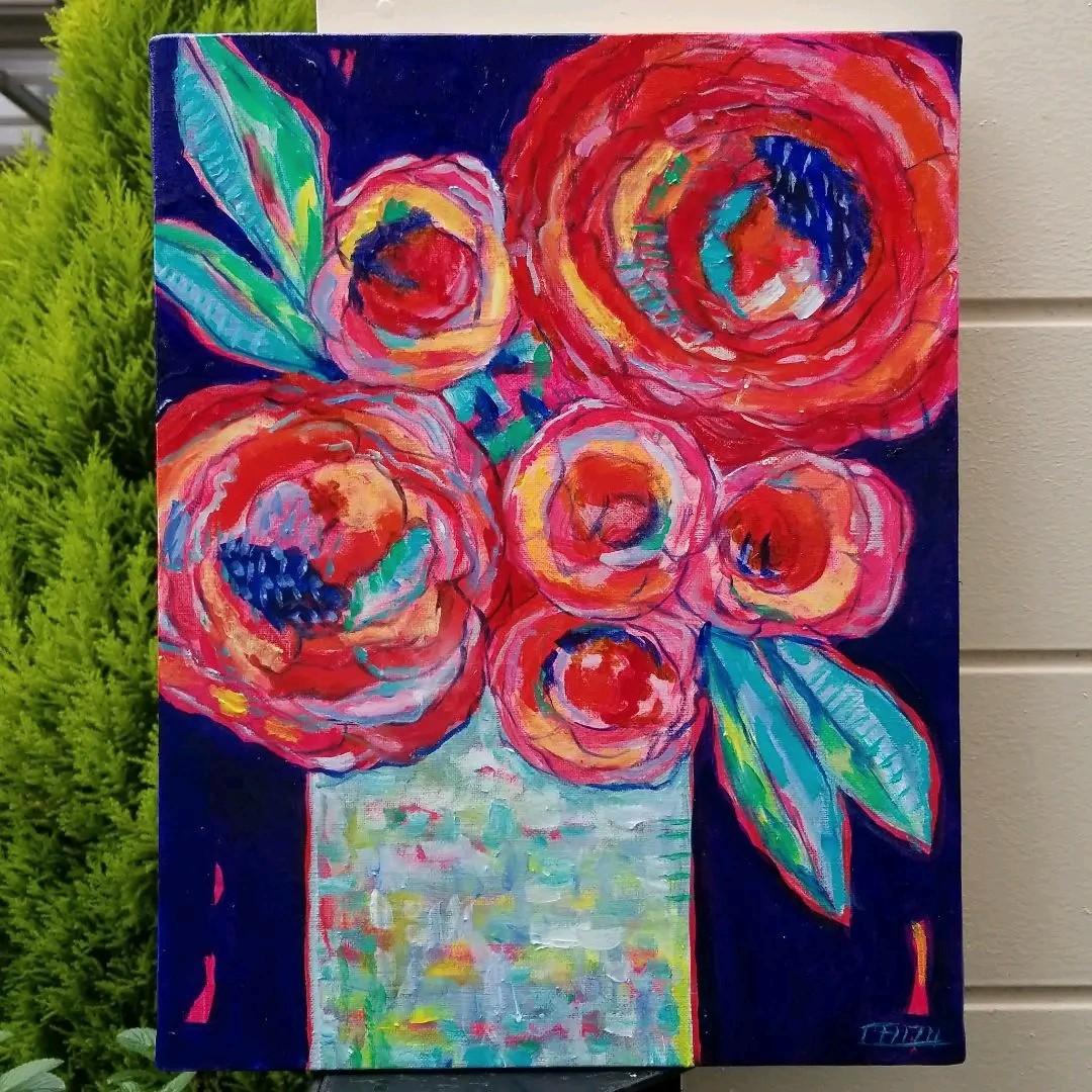 キャンバス油絵　くまちゃん　まるまるとした大きいお花