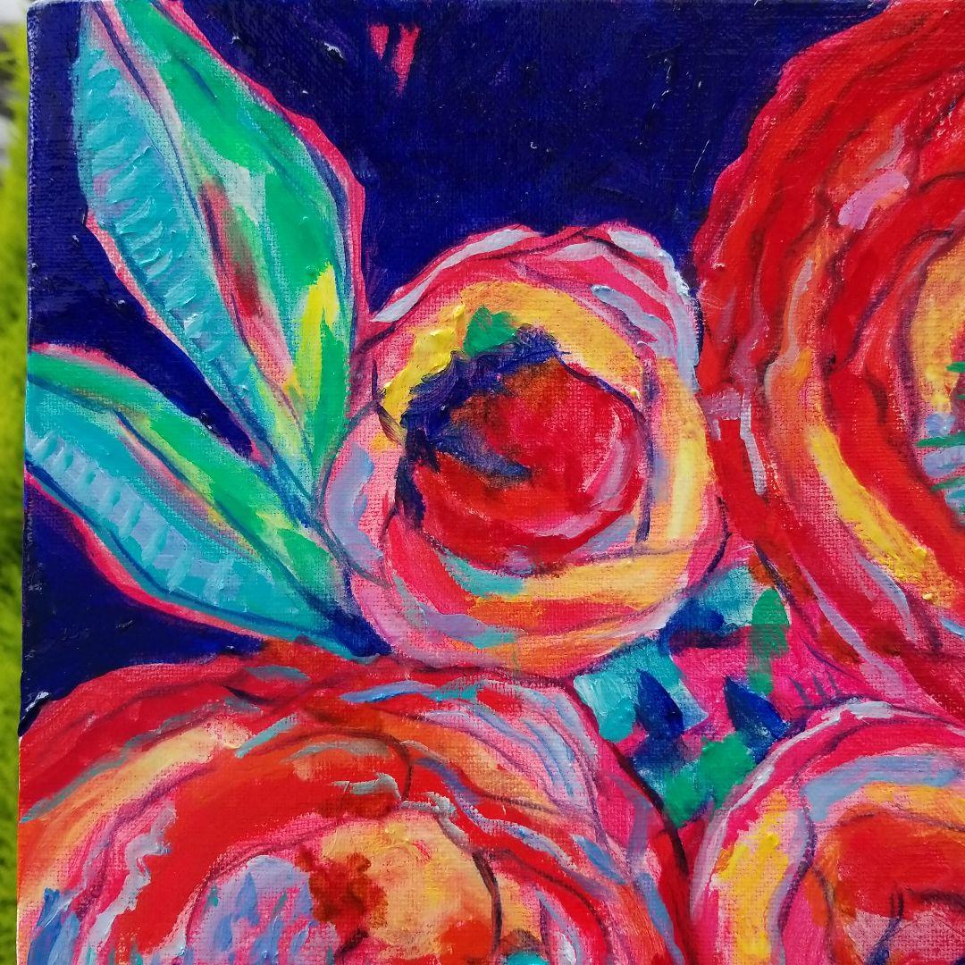 キャンバス油絵　くまちゃん　まるまるとした大きいお花