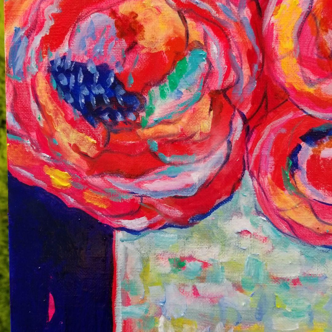 キャンバス油絵　くまちゃん　まるまるとした大きいお花