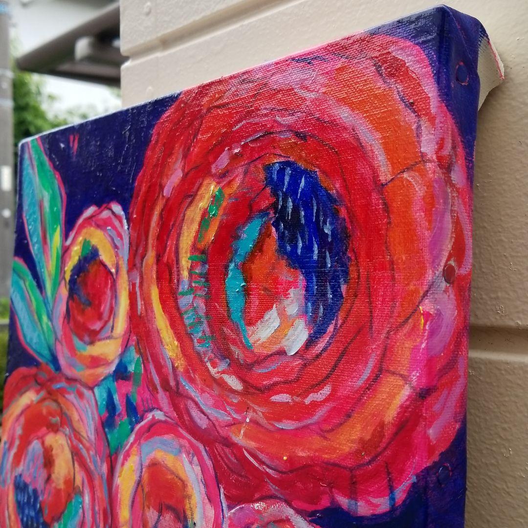 キャンバス油絵　くまちゃん　まるまるとした大きいお花