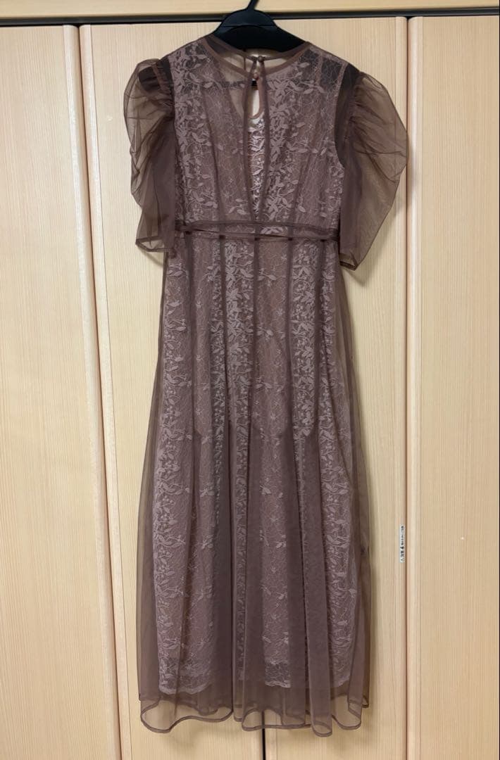 【LEJA】花柄総レースパフスリーブウエストリボン ドレス パーティ ワンピース