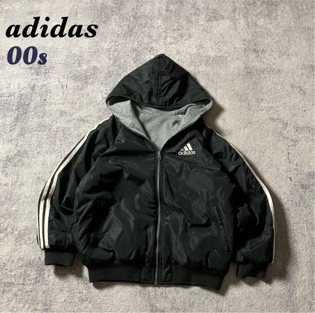 00sadidasリバーシブル刺繍ナイロンスウェットパーカーパフォーマンスロゴ黒
