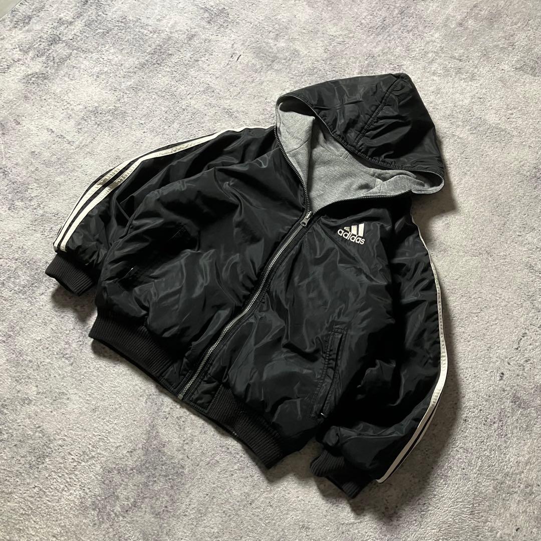 00sadidasリバーシブル刺繍ナイロンスウェットパーカーパフォーマンスロゴ黒