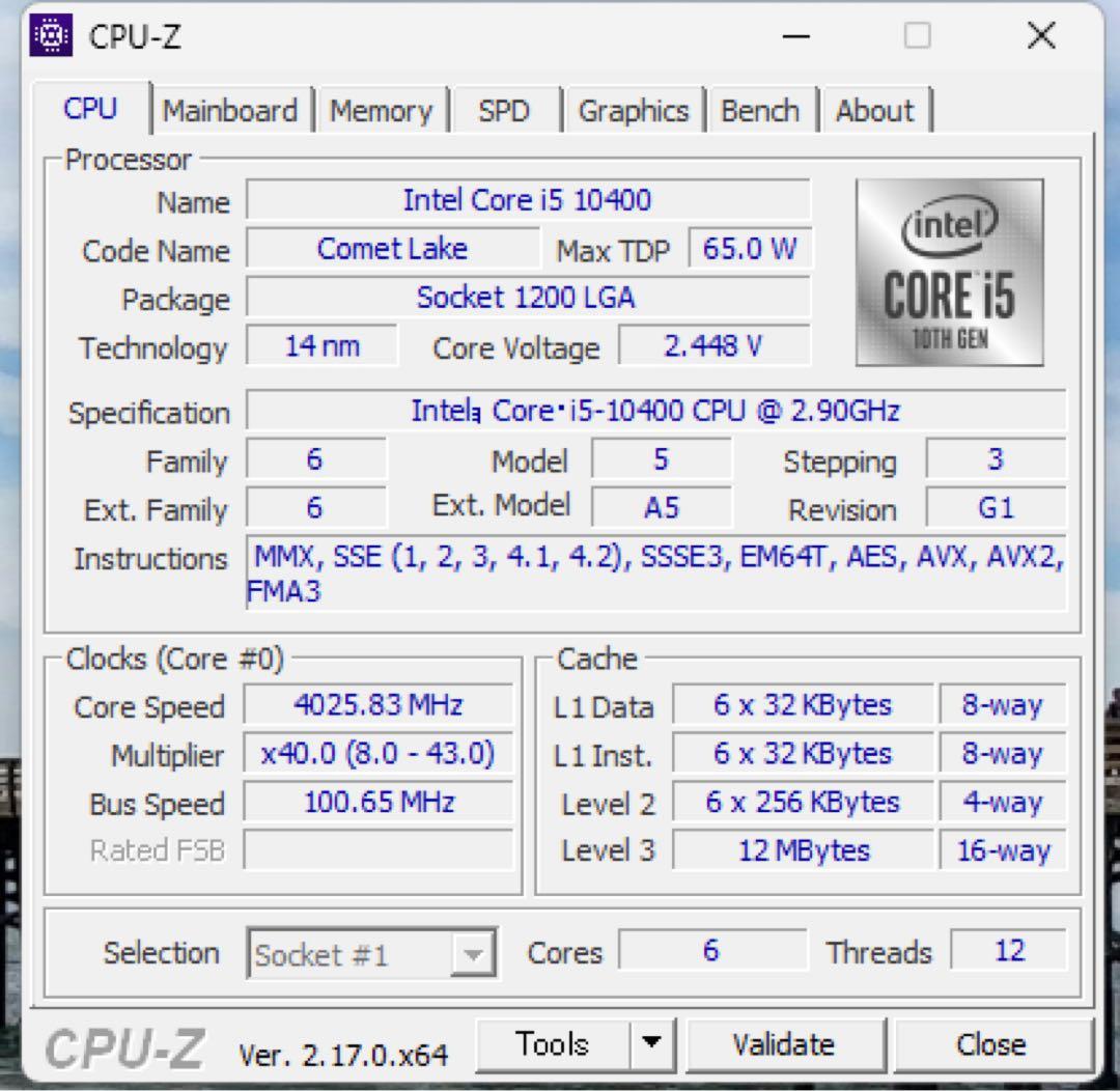 CPU Intel Core i5-10400 CPU 2.90GHz
