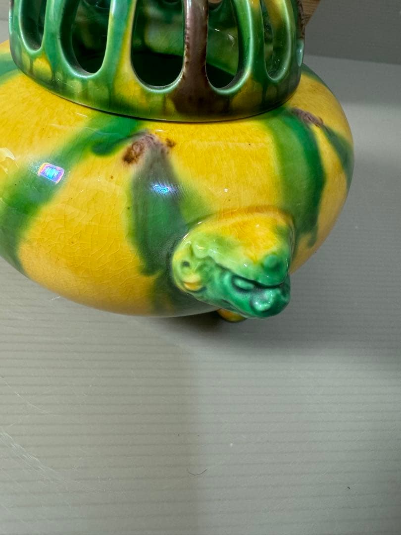 2346 平戸焼　横石嘉助　三彩　獅子　香炉