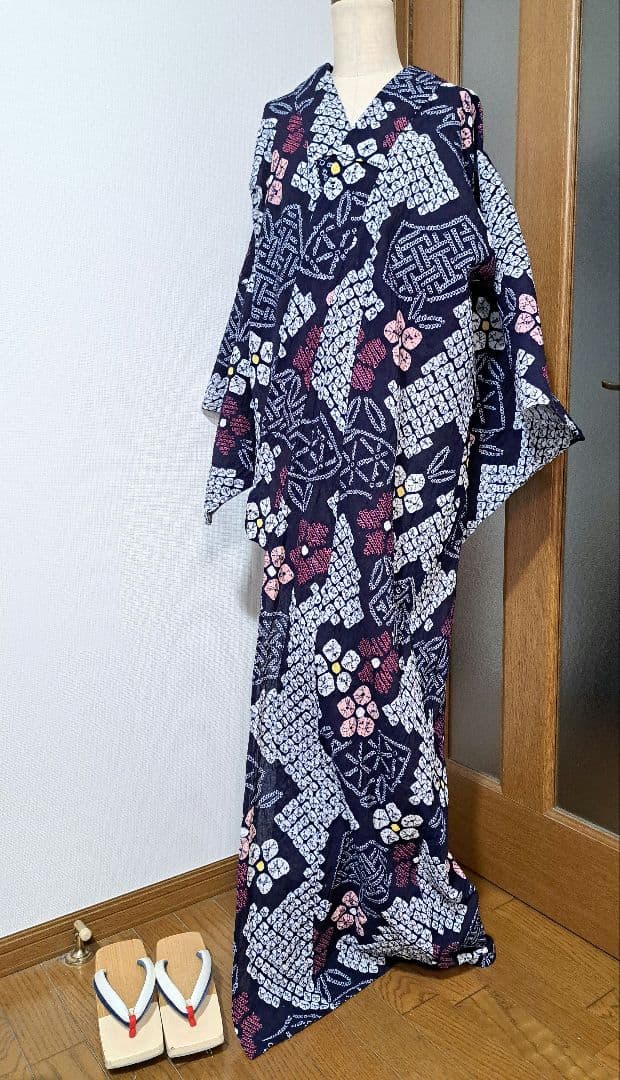 絞り浴衣 有松絞り 花繋 【美品】手縫い
