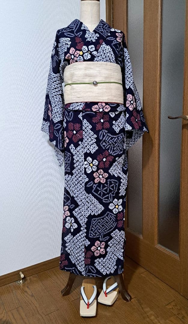 絞り浴衣 有松絞り 花繋 【美品】手縫い
