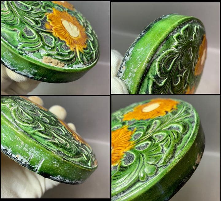 中国 三彩平丸花図香合（印合　合子）　f2220725