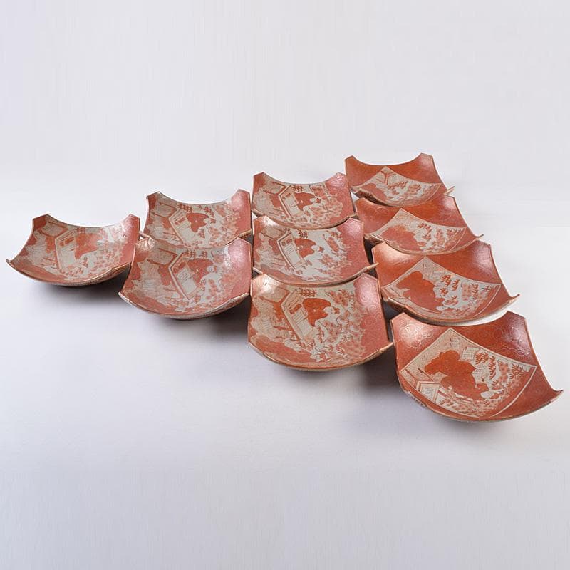 masa　古九谷赤絵銀彩　人物文皿　二種　十客　時代箱付　F　R9004B