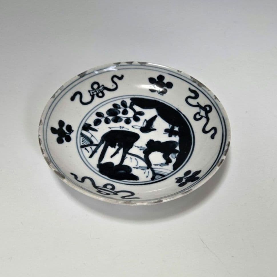 24-1275 　古染付　鳥鹿猿図皿　4寸皿　明末清初