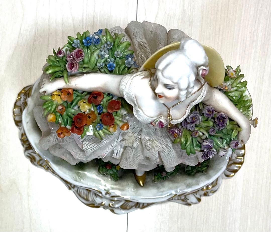 ルイージファブリス☆陶磁器レース人形 花籠を抱える貴婦人 イタリア製