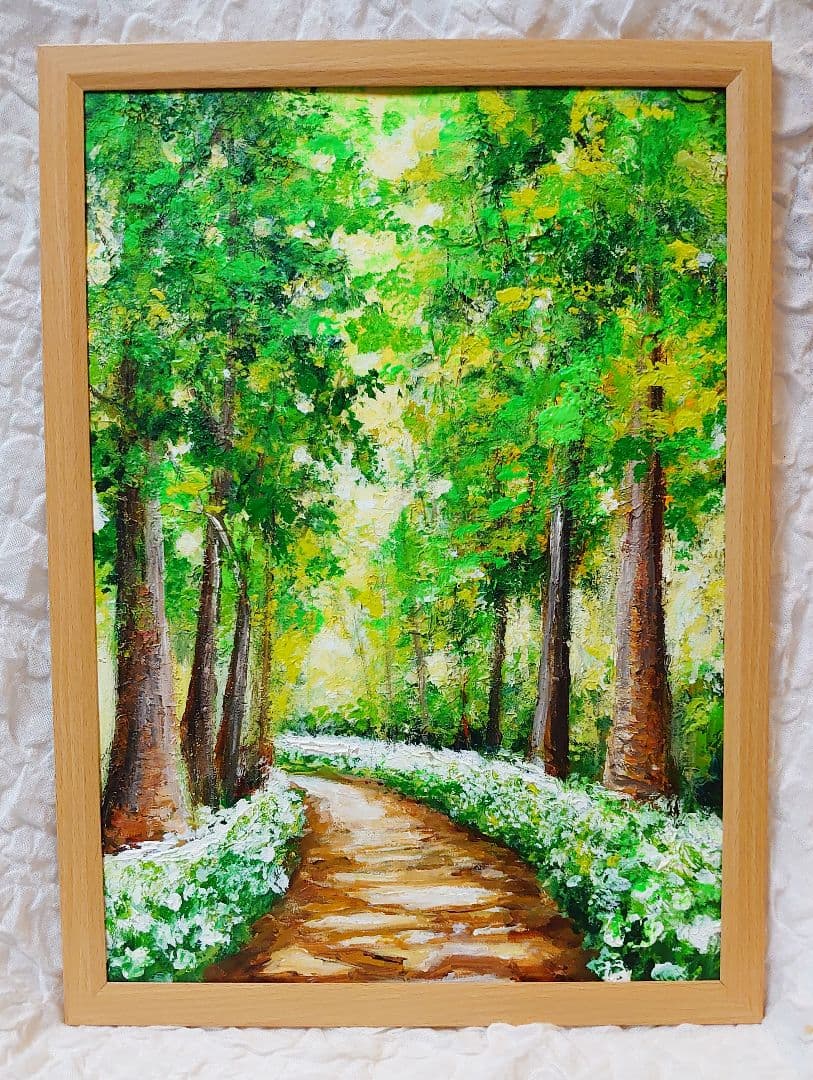 油絵 絵画 【森の白い花道】