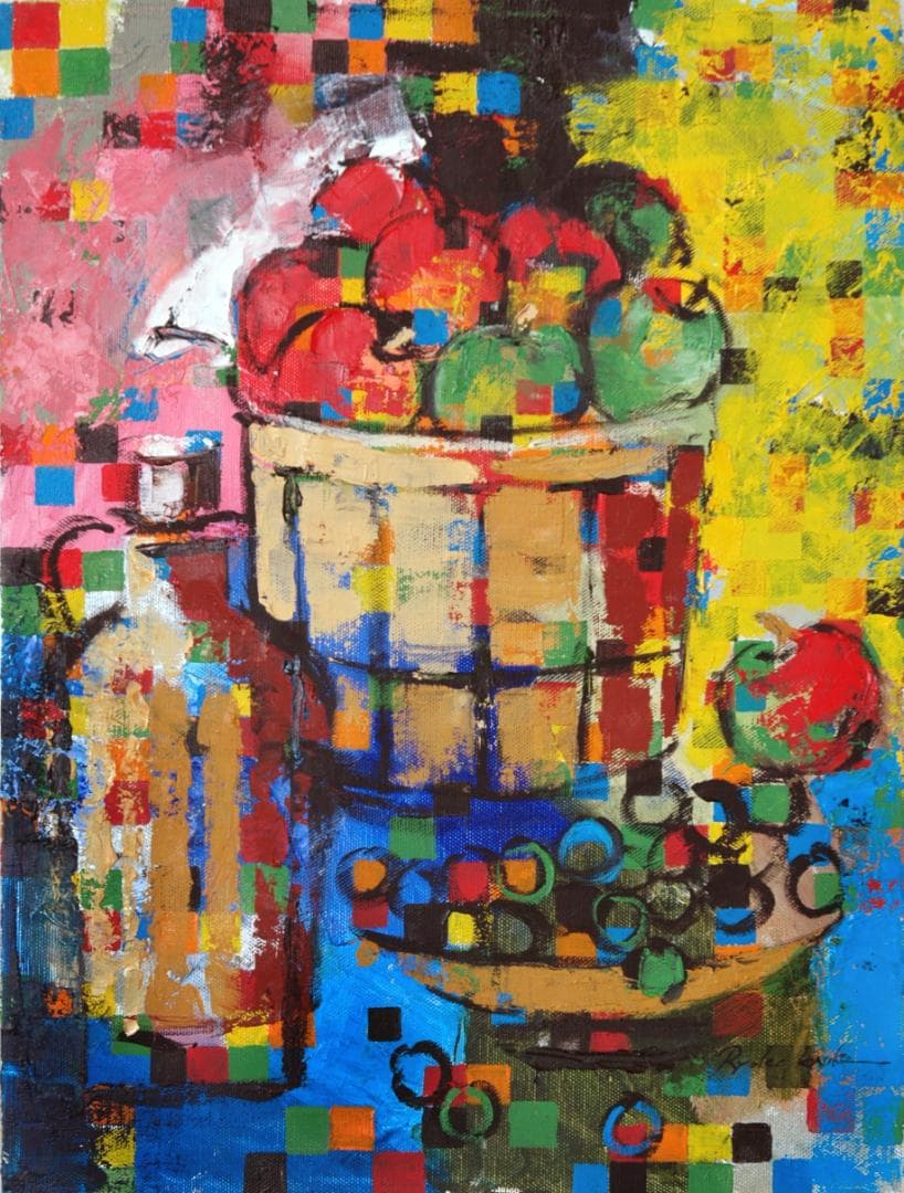 油絵 菅家令子絵 絵画インテリア額付(青緑＋金色の枠)uF6-063704果物瓶