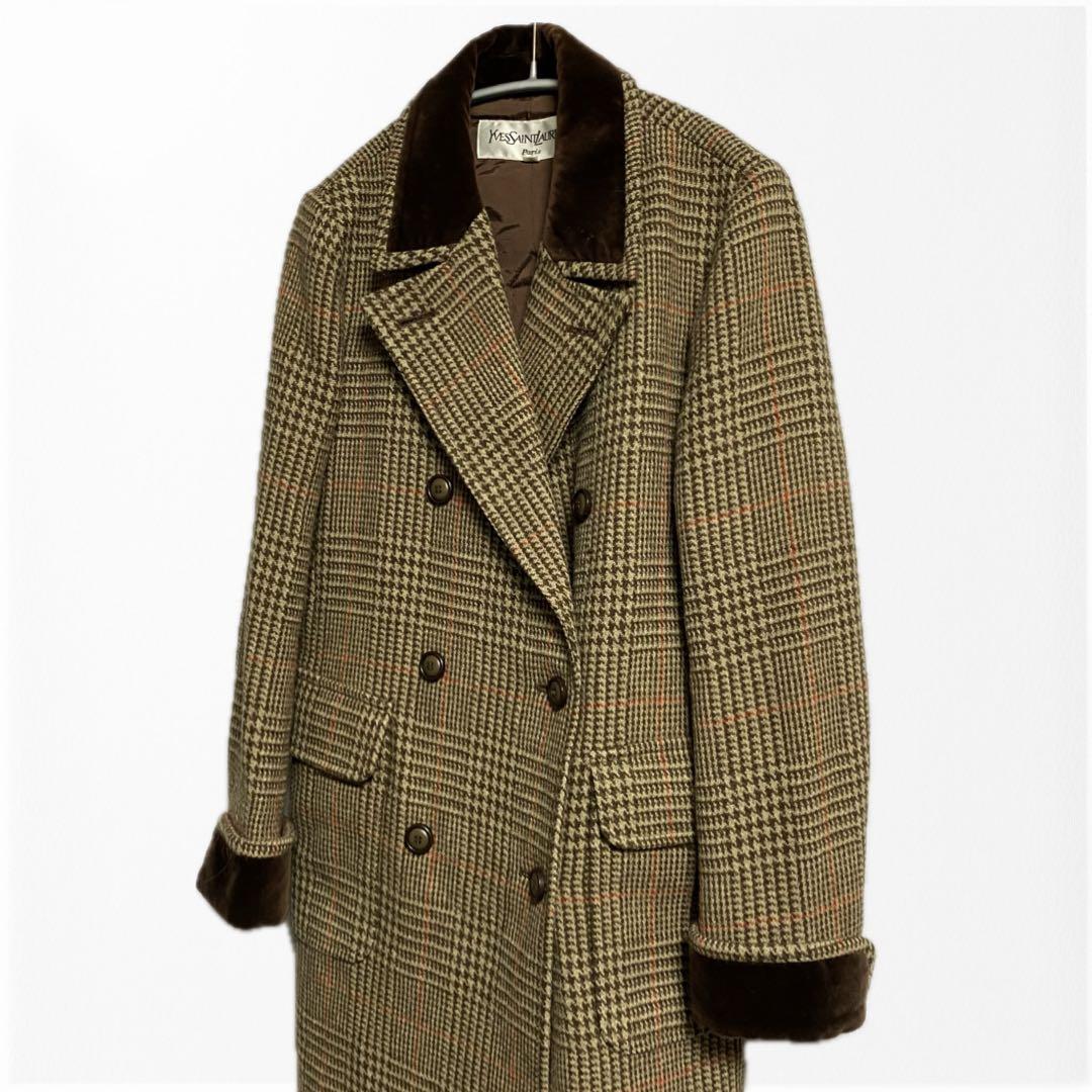 Yves Saint Laurent ベロア切替 ダブルブレストチェスターコート