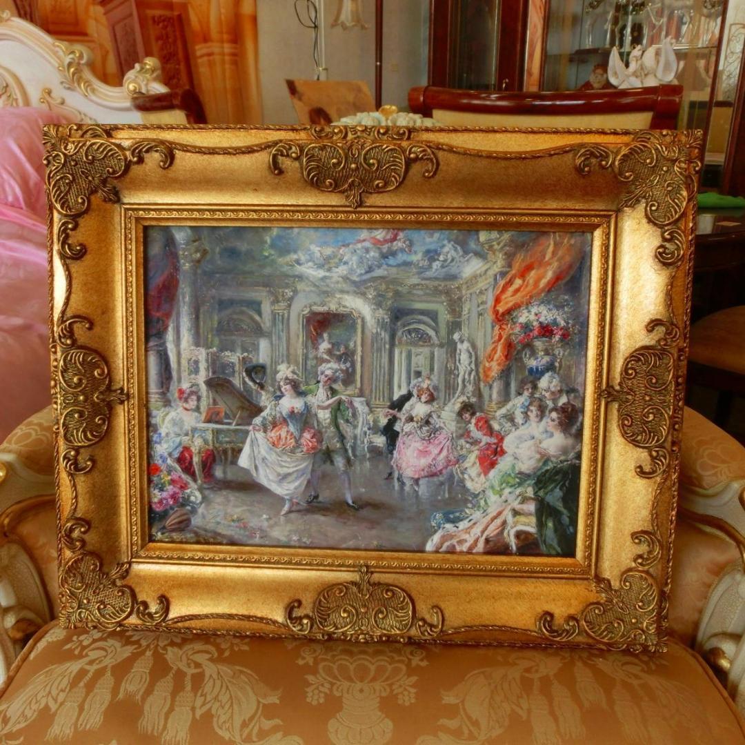 ロココ額絵　貴族の舞踏会　アンティークゴールドダブルフレーム　55cm/45cm