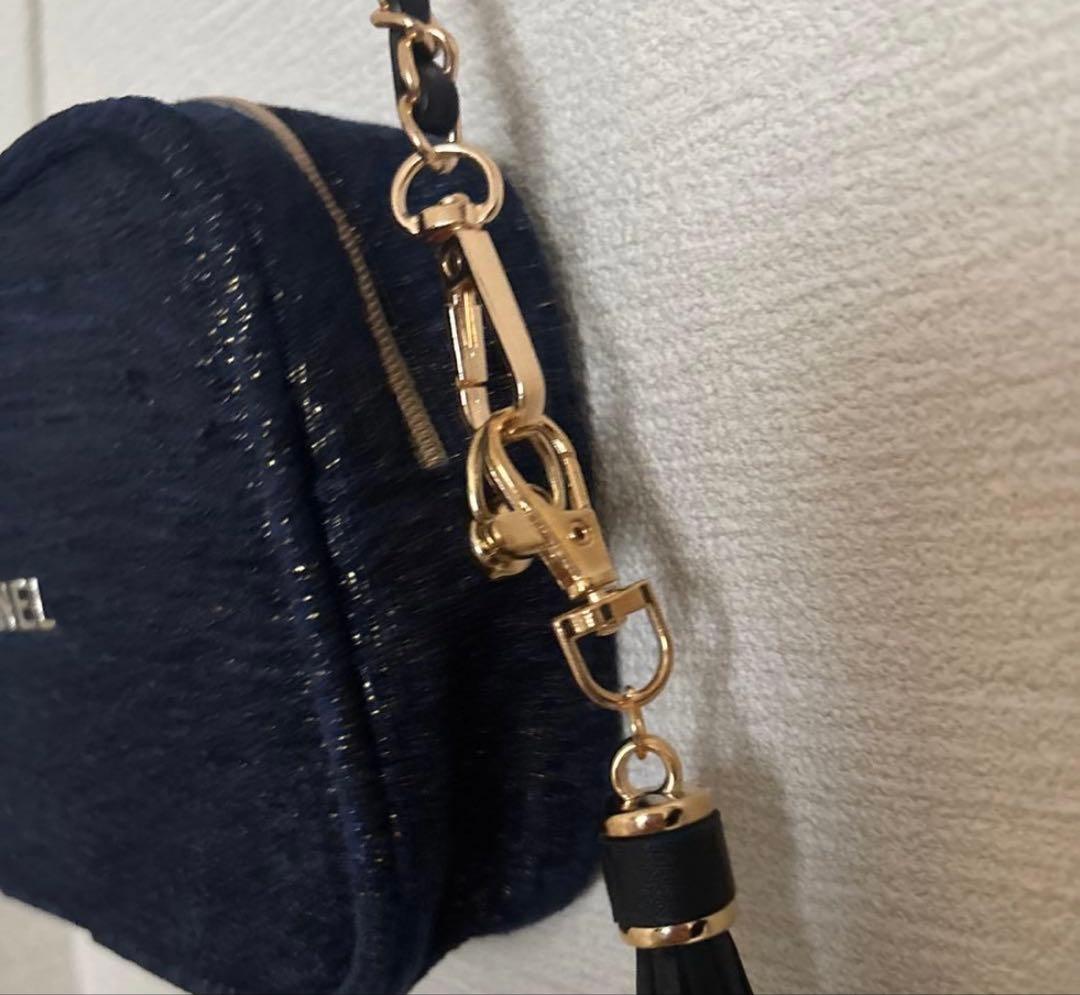 美品 シャネル ポーチ ノベルティ ネイビー×ツイードゴールド チェーン付き