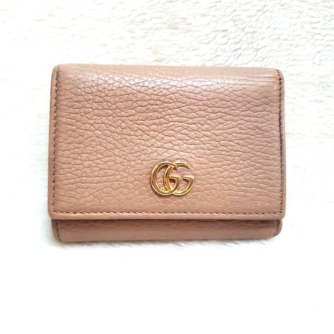 鑑定済★GUCCI　GGマーモント　三つ折り財布　ピンクベージュ系　474746