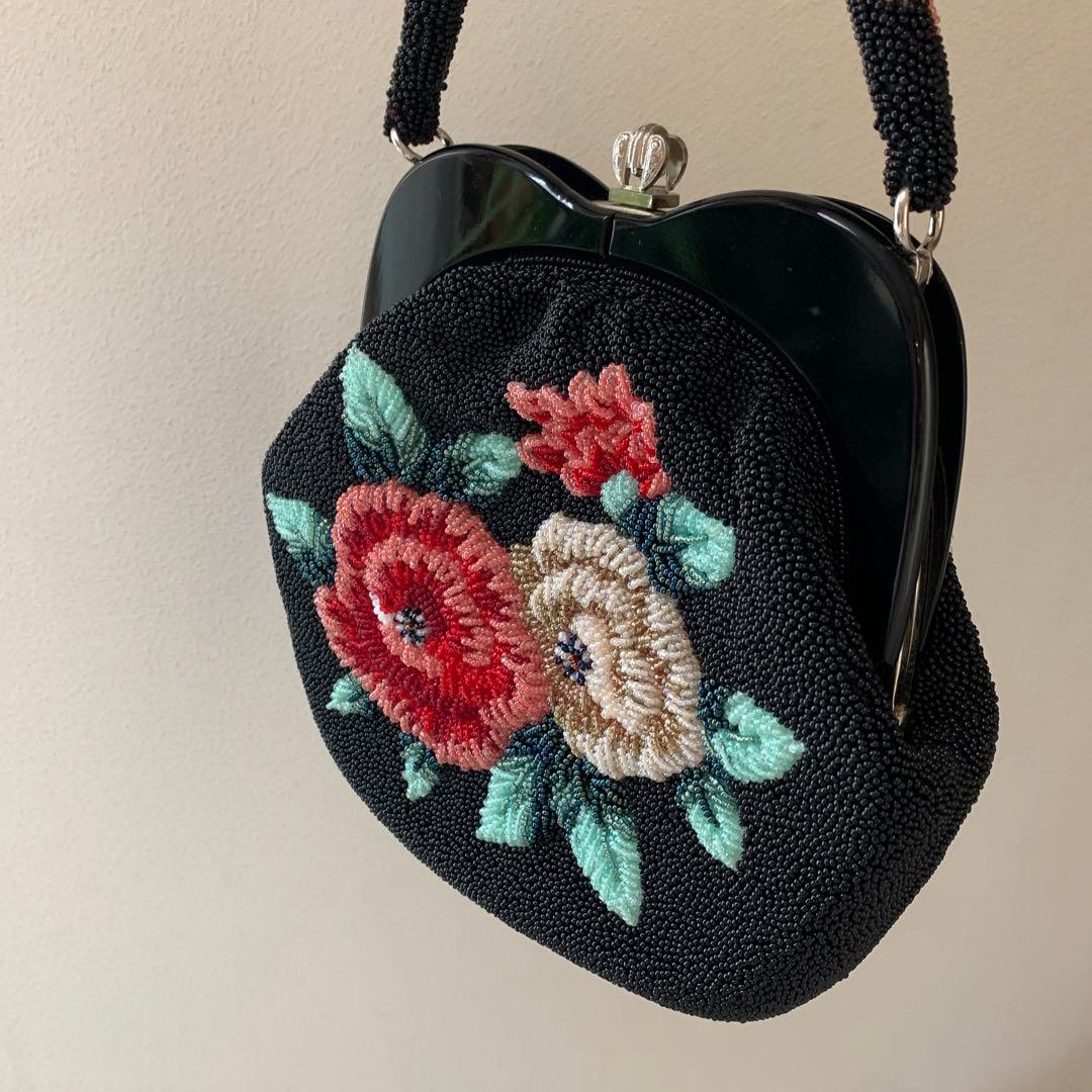 花柄　総ビーズ　ハンドバッグ　ビーズバッグ　和装　パーティ　昭和レトロ