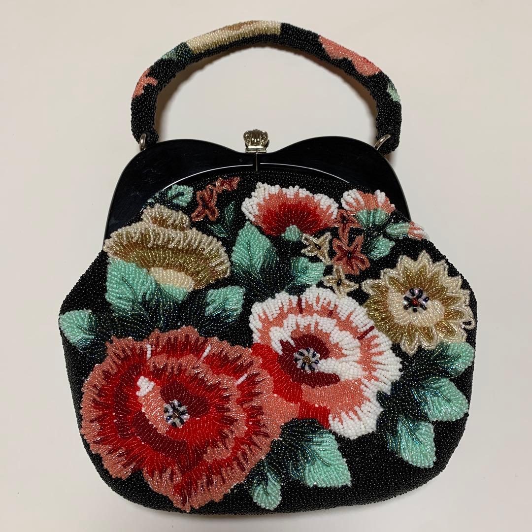 花柄　総ビーズ　ハンドバッグ　ビーズバッグ　和装　パーティ　昭和レトロ