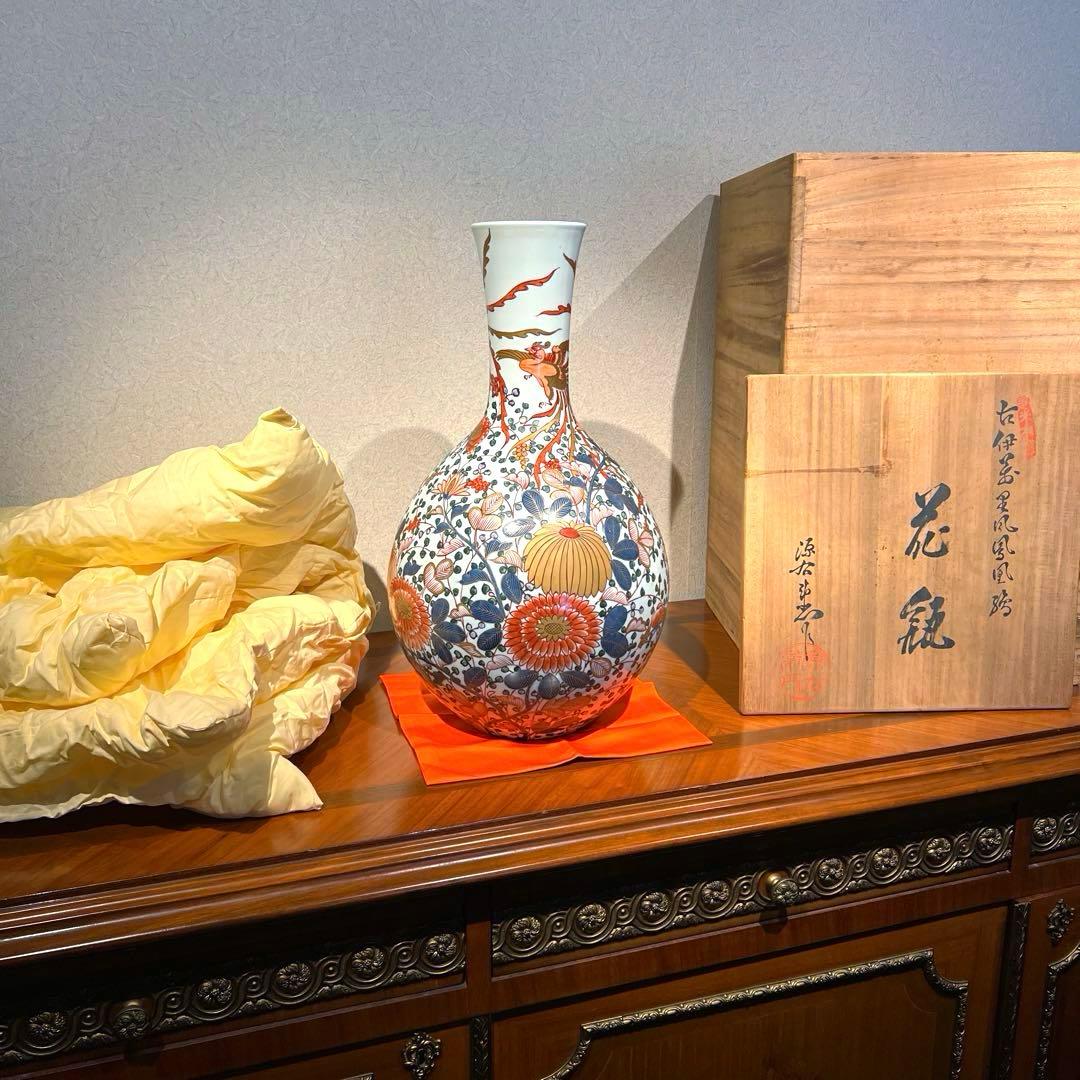 ご売約・館林源右衛門作　超大型　色絵金彩　牡丹唐草鳳凰文瓶　共箱　外商