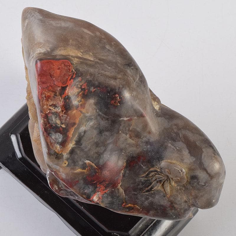 中国　玉石鶏血石彫刻　楼閣山水雕　置物　唐木台付　V　R9267