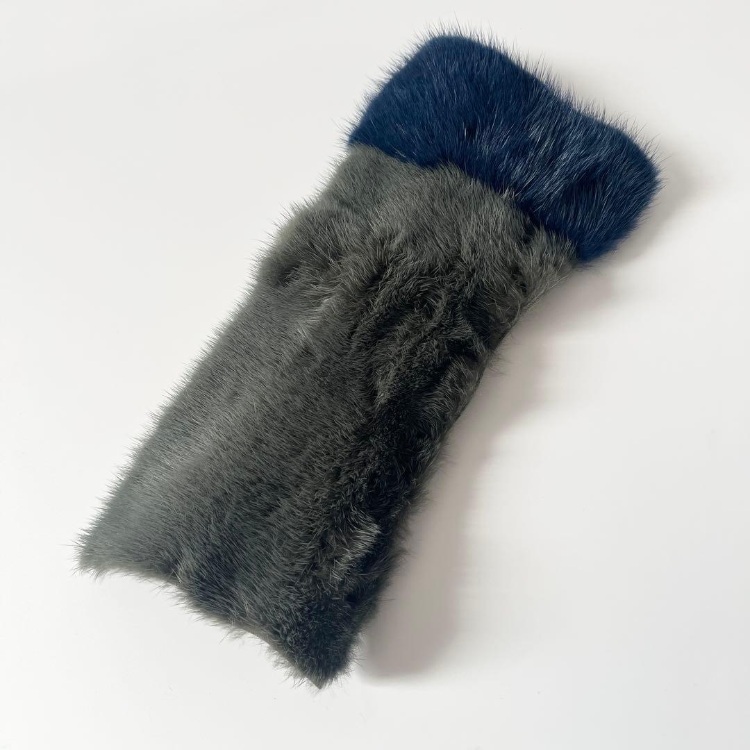 ヴァレクストラ　ハンドルカバー　ミンクファー　グレー　青　ブルー　バイカラー