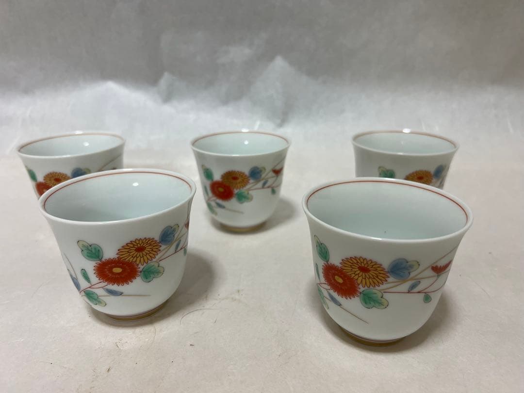 ぐい呑 菊文宮内庁用深川製菊小鳥　湯呑みセット径 7㎝×高 時代物5点木箱あり