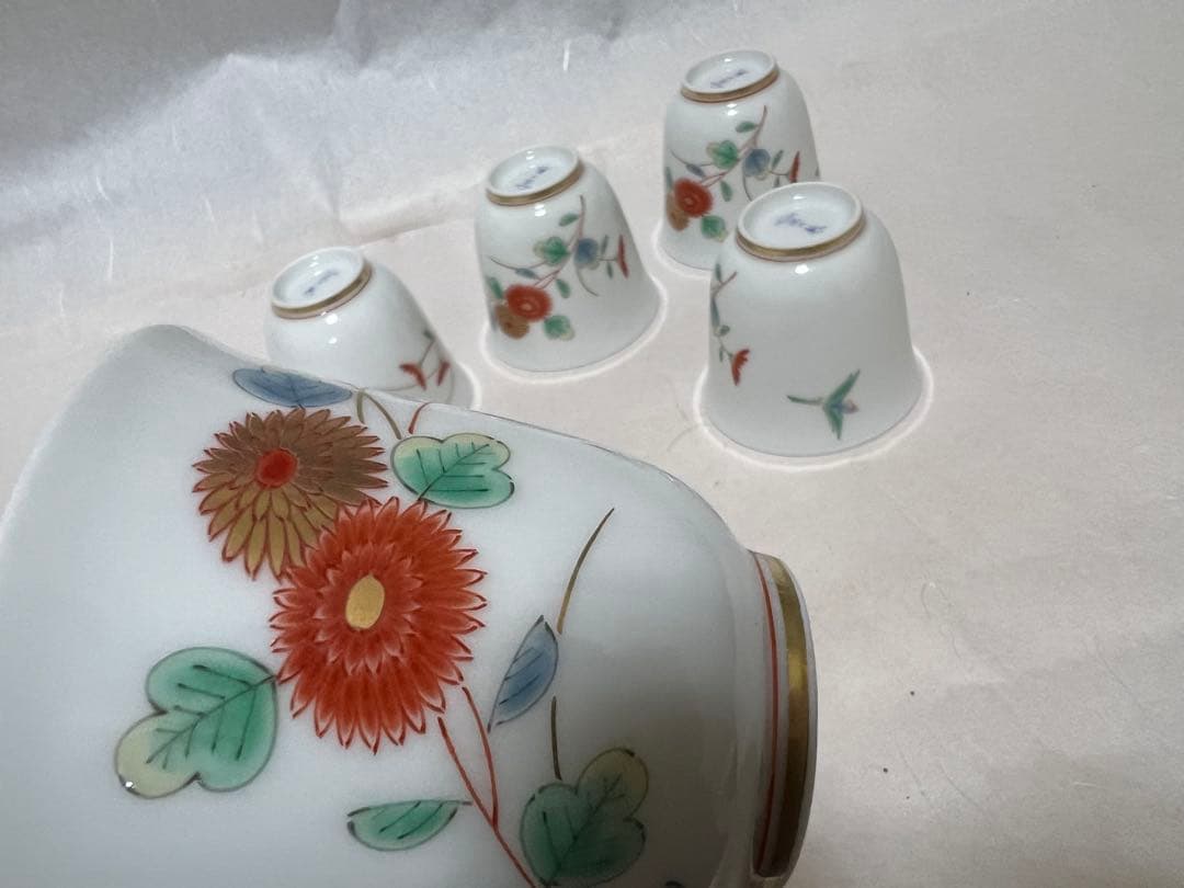 ぐい呑 菊文宮内庁用深川製菊小鳥　湯呑みセット径 7㎝×高 時代物5点木箱あり