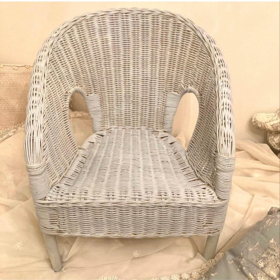 アンティーク　ラタン　ロイドルームチェア　椅子　キッズ用　子供用　水色　フランス